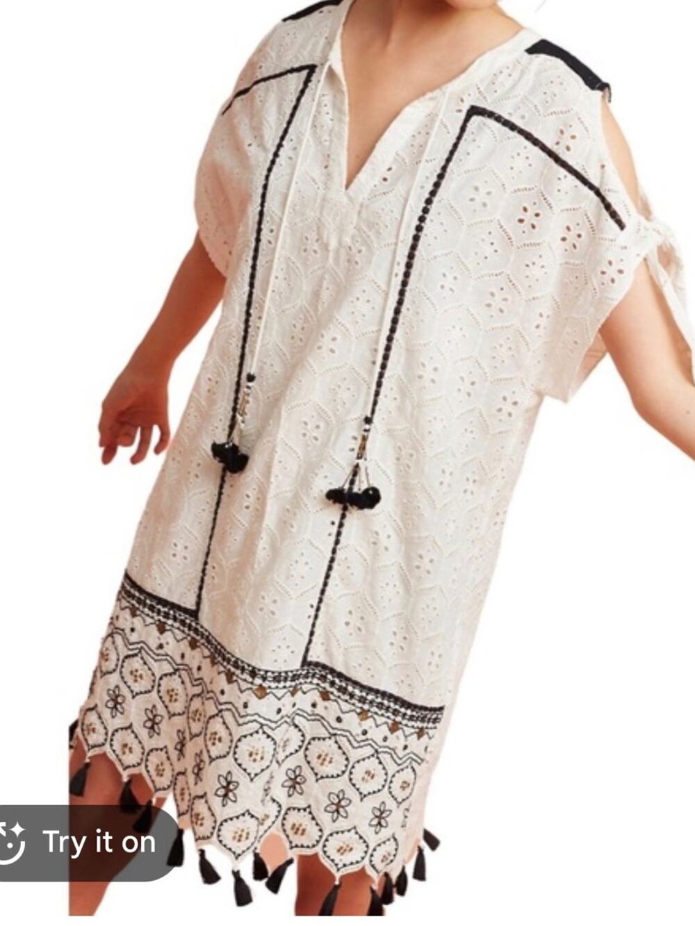 Hemant & Nandita White Black Crochet Sun Dress Womens XS Casual Boho Beachy